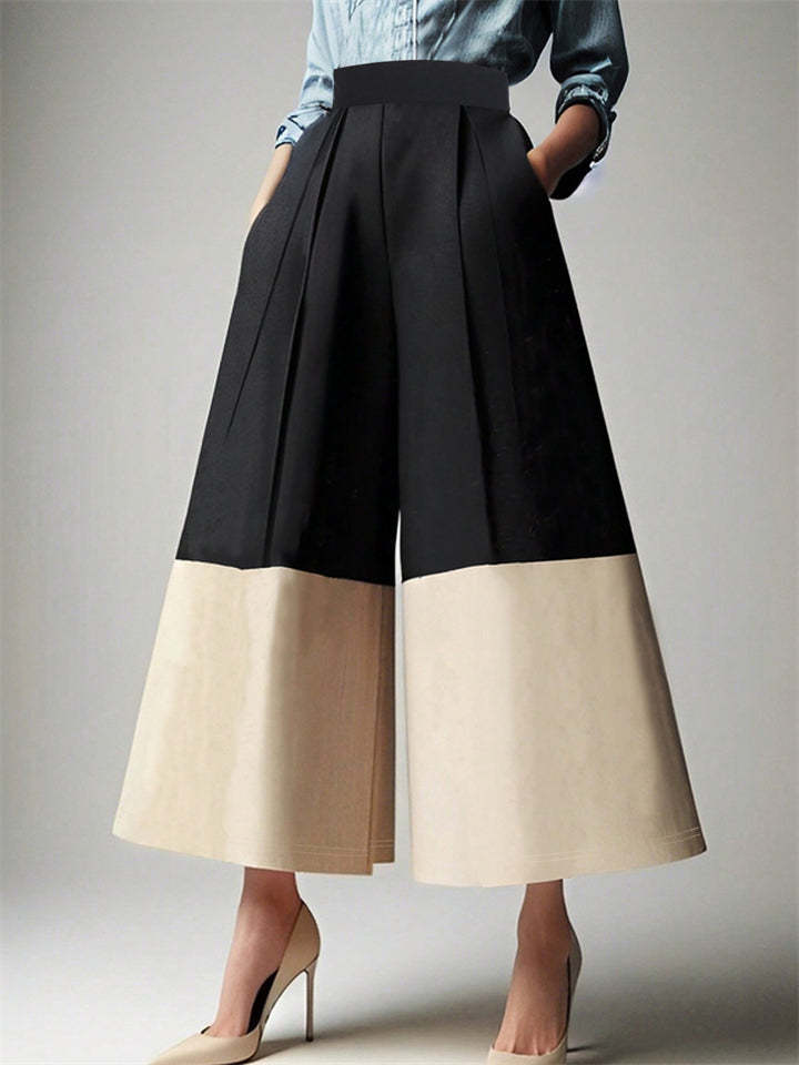 Trendy High Waist Contrast Color Pleated Wide Leg Pants for Women