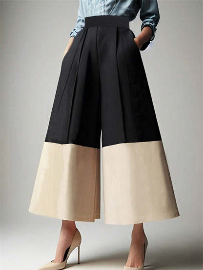 Trendy High Waist Contrast Color Pleated Wide Leg Pants for Women