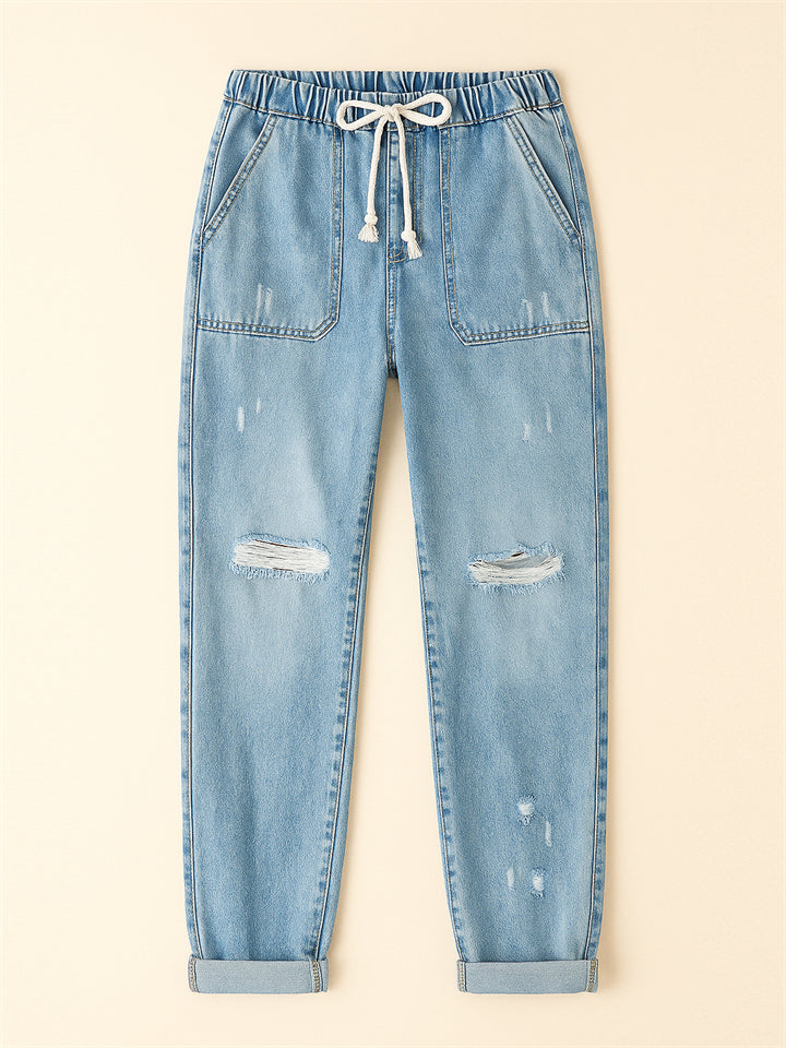 Women's Elastic Waist Solid Color Ripped Jeans