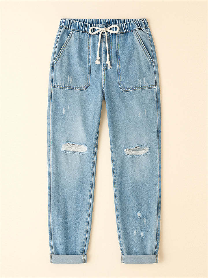 Women's Elastic Waist Solid Color Ripped Jeans