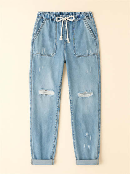 Women's Elastic Waist Solid Color Ripped Jeans