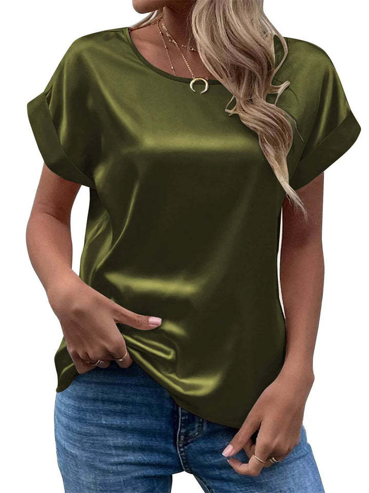Female's Summer Simple Solid Color Round Neck Short Sleeve Satin Shirts