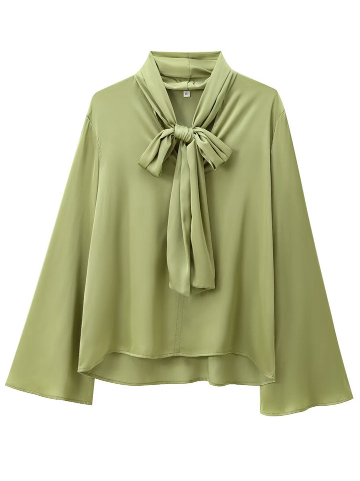 Women's Long Sleeve Elegant Blouses with Lace Up Neck Tie 