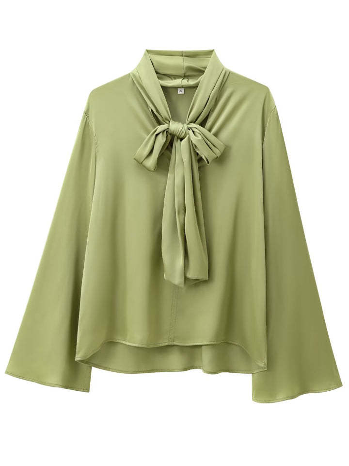 Women's Long Sleeve Elegant Blouses with Lace Up Neck Tie 