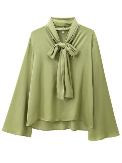 Women's Long Sleeve Elegant Blouses with Lace Up Neck Tie 