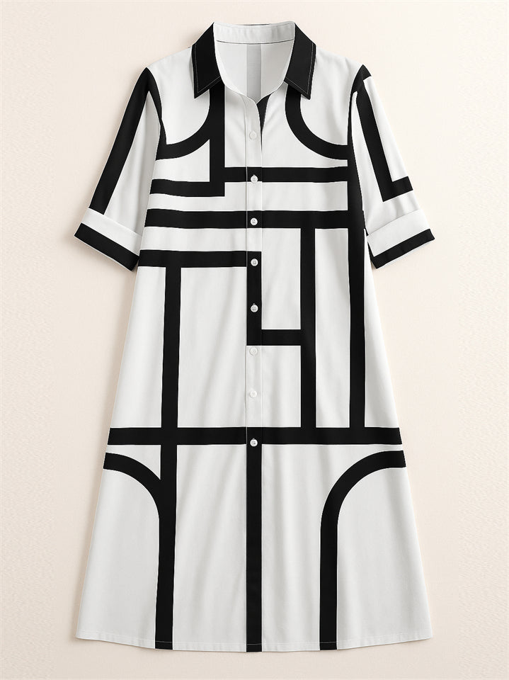 Women's Elegant Geometric Strip Printed  Long Sleeve Knee Length Shirt Dress