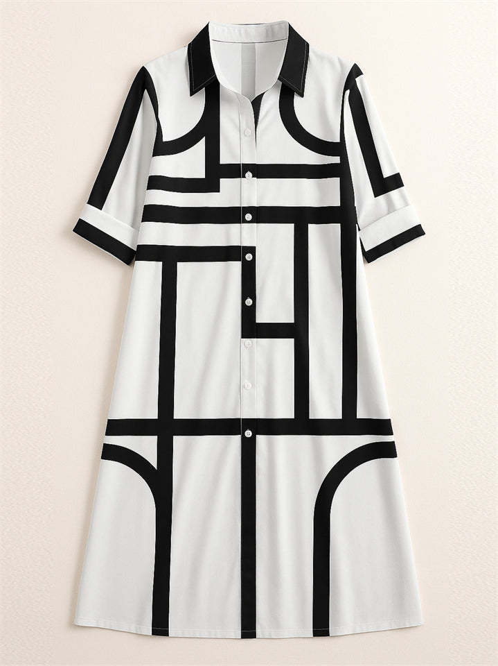 Women's Elegant Geometric Strip Printed  Long Sleeve Knee Length Shirt Dress