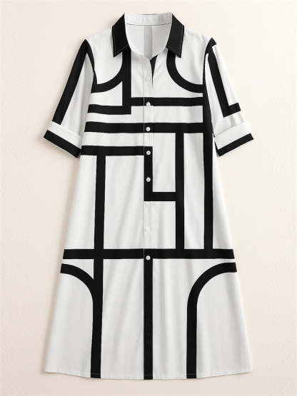 Women's Elegant Geometric Strip Printed  Long Sleeve Knee Length Shirt Dress