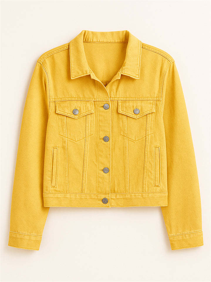 Women's Elegant Chest Pocket Candy Color Lapel Short Denim Jackets
