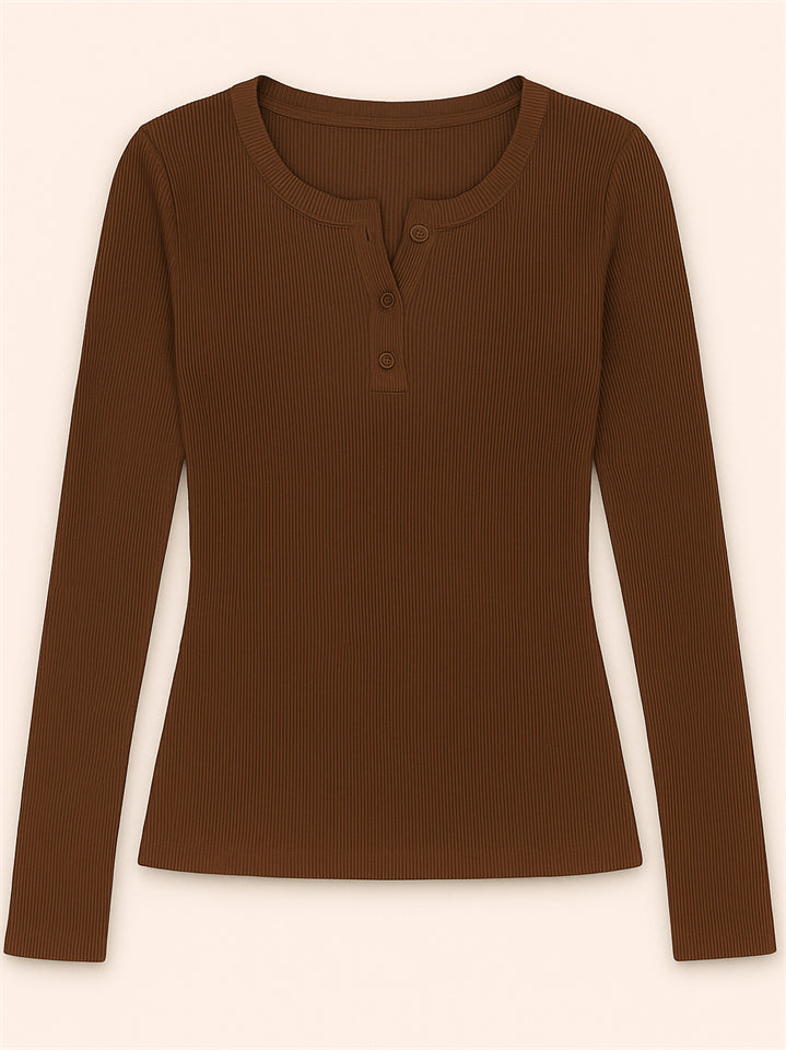 Solid Color Striped Buttons Pullover Slim-fit Long Sleeve Shirts for Women