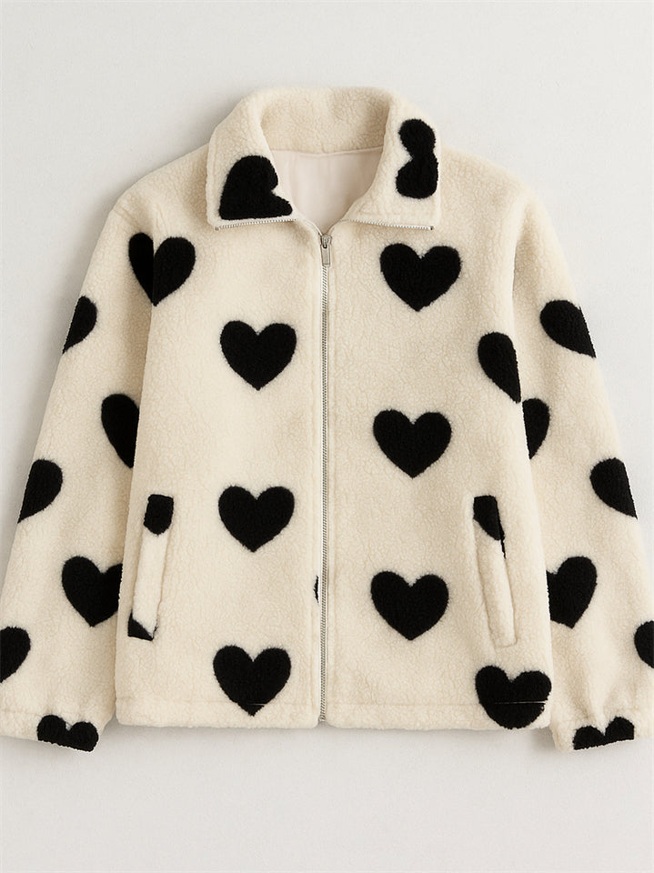 Autumn Cute Heart Shape Pattern Zip Up Fleece Coats for Women