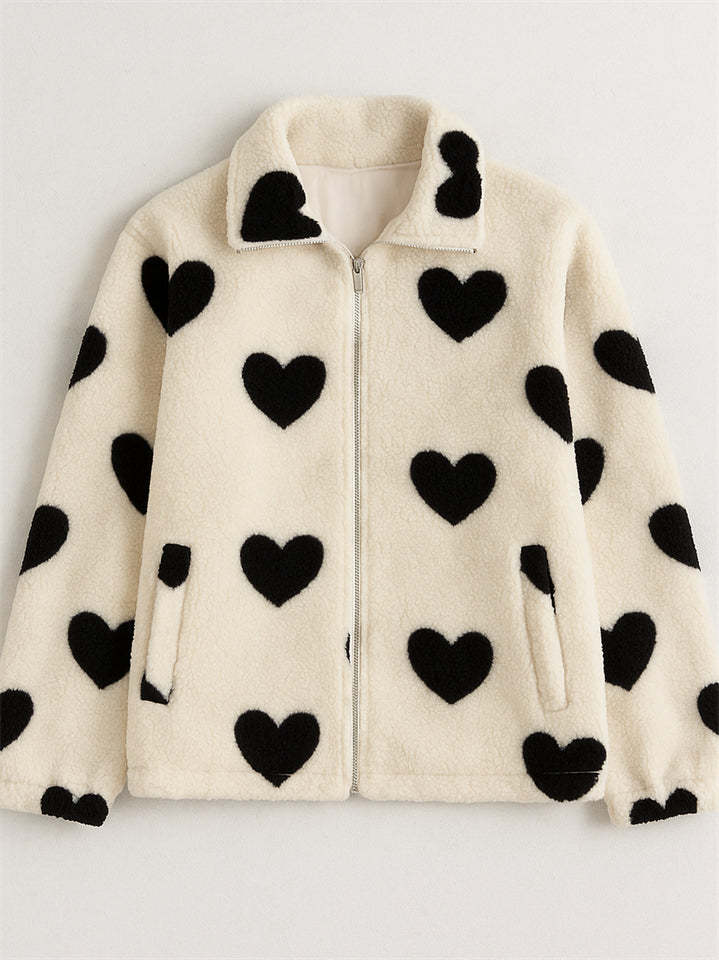 Autumn Cute Heart Shape Pattern Zip Up Fleece Coats for Women