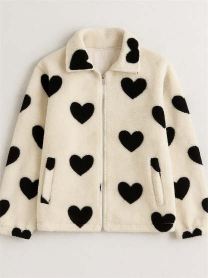 Autumn Cute Heart Shape Pattern Zip Up Fleece Coats for Women