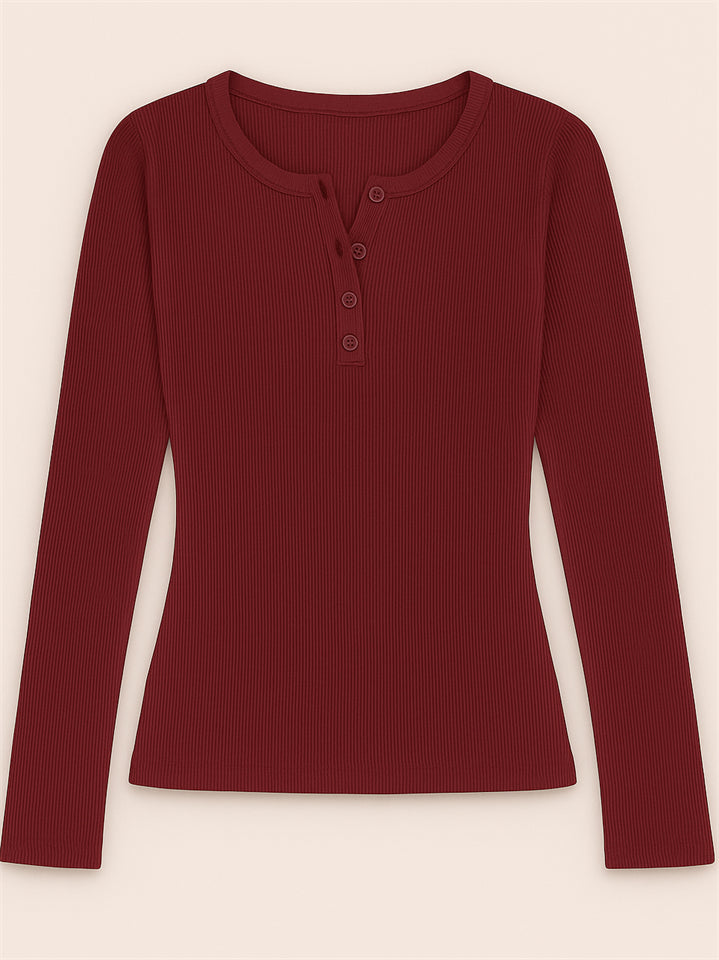 Solid Color Striped Buttons Pullover Slim-fit Long Sleeve Shirts for Women