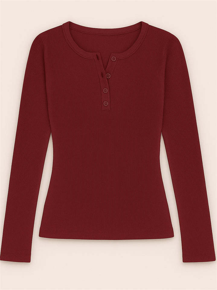 Solid Color Striped Buttons Pullover Slim-fit Long Sleeve Shirts for Women