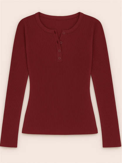 Solid Color Striped Buttons Pullover Slim-fit Long Sleeve Shirts for Women