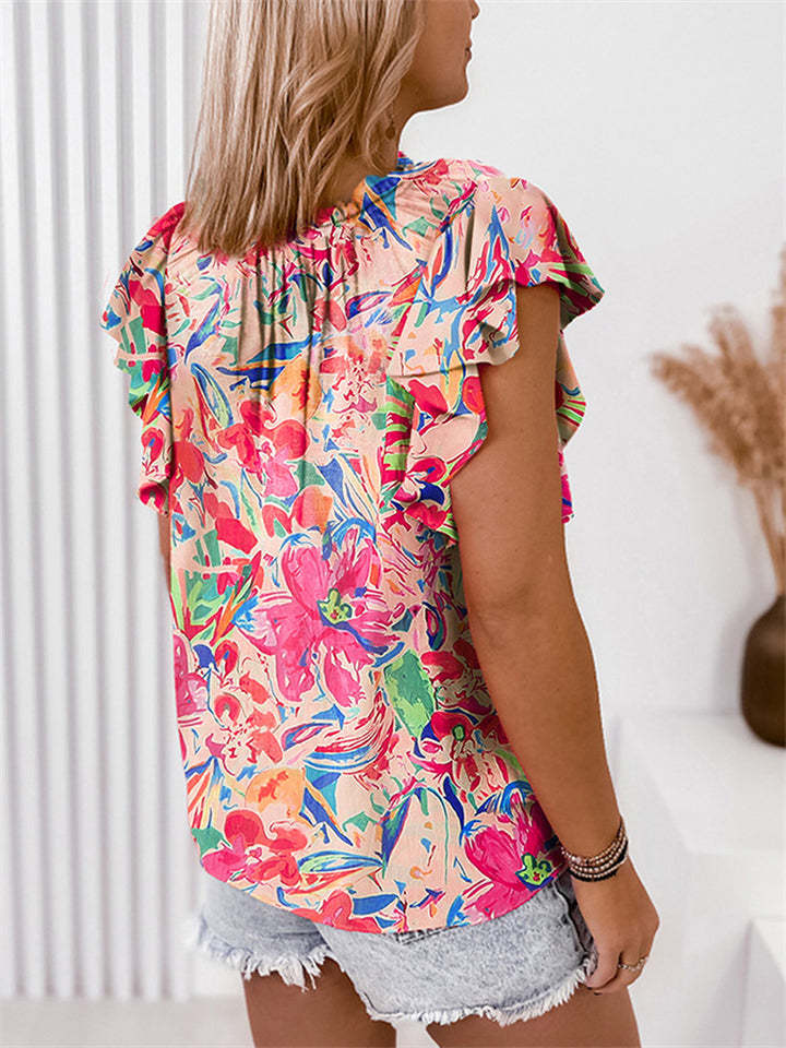 Women's Summer Boho Style Floral Print Ruffled Short Sleeve Shirts