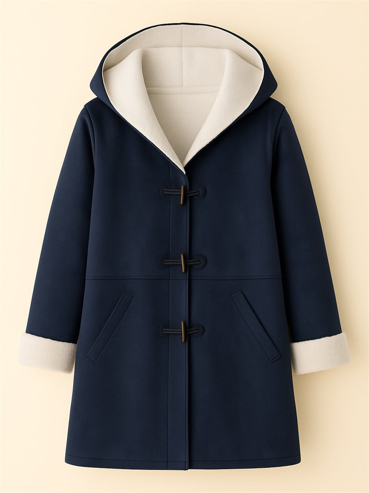 Autumn Simple Solid Color Fleece Lining Horn Buckle Hooded Coats