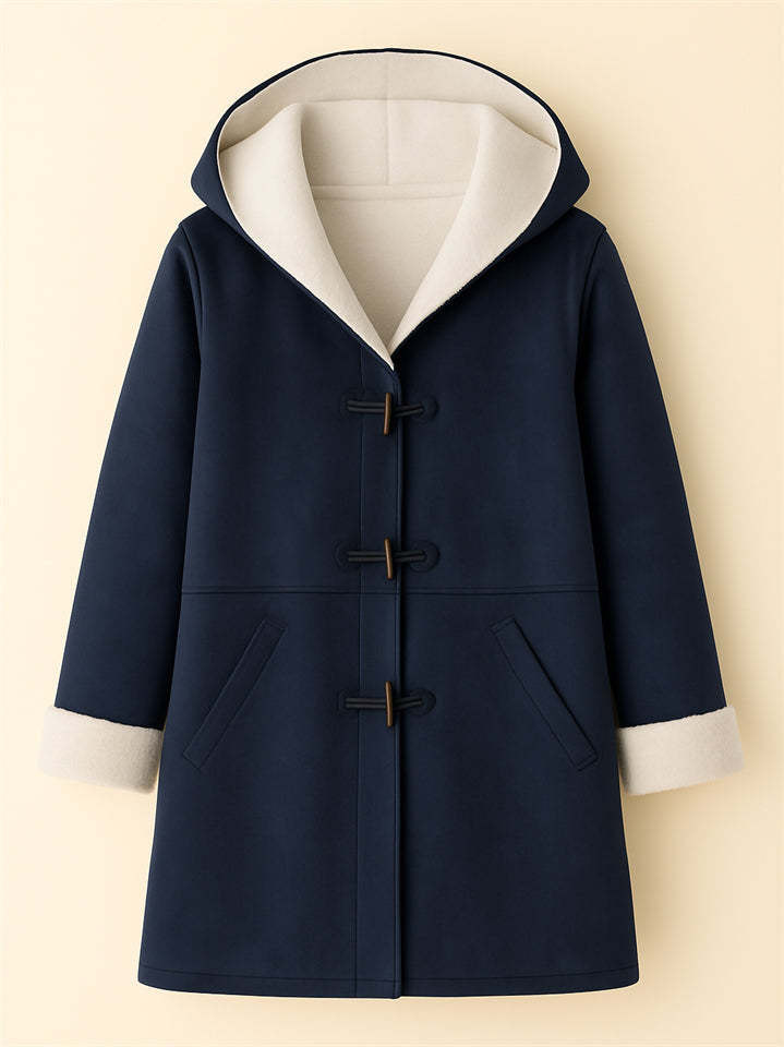 Autumn Simple Solid Color Fleece Lining Horn Buckle Hooded Coats