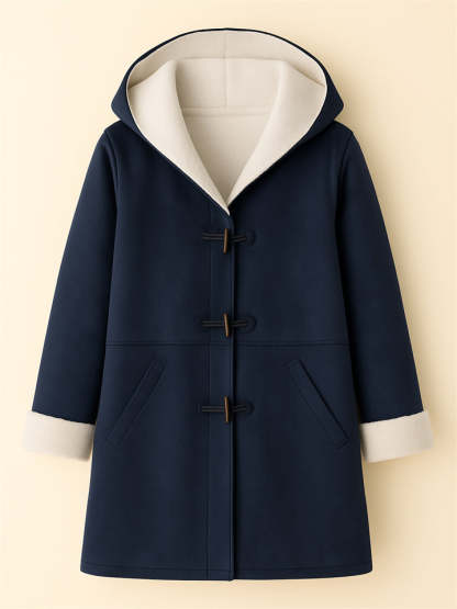 Autumn Simple Solid Color Fleece Lining Horn Buckle Hooded Coats