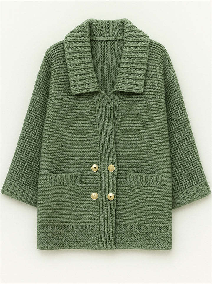Plus Size Winter Solid Color Double Breasted Cardigan Knitted Sweaters