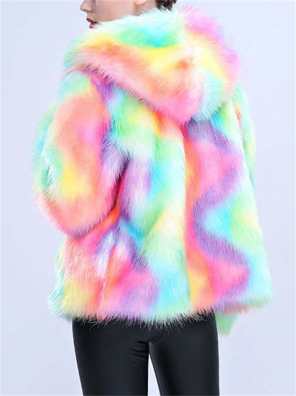 Women's Hooded Colourful Faux Fur Cardigan Coats