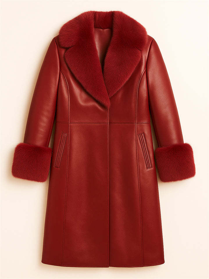 Women's Vintage Faux Fur Collar Glossy PU Leather Mid-Length Coats