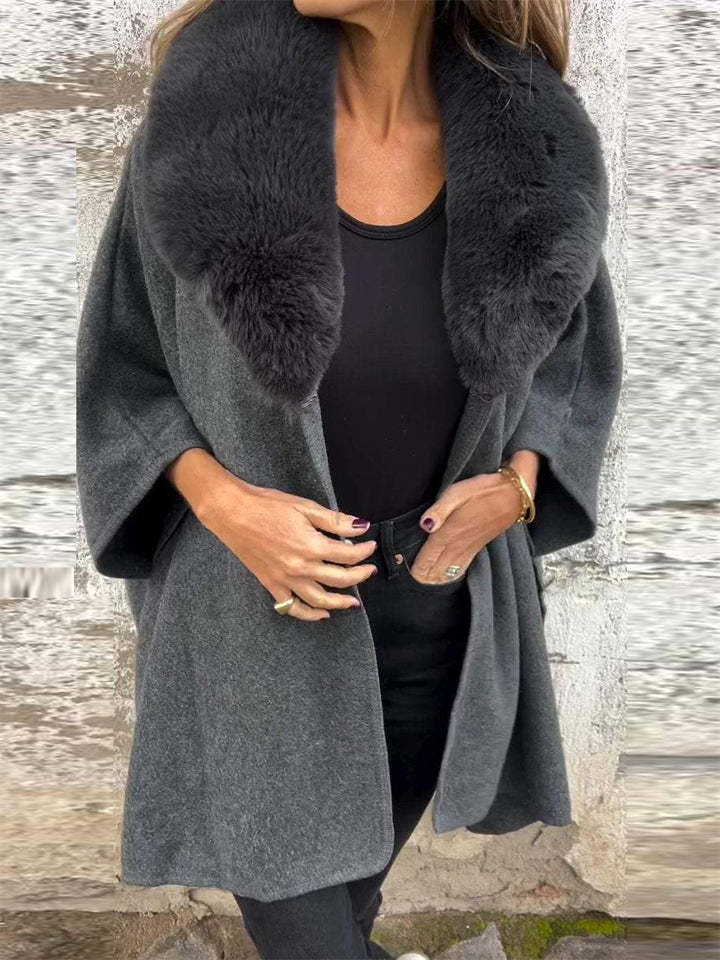 Ladies Autumn Solid Color Long-sleeved Faux Fur Collar Cloak Coats