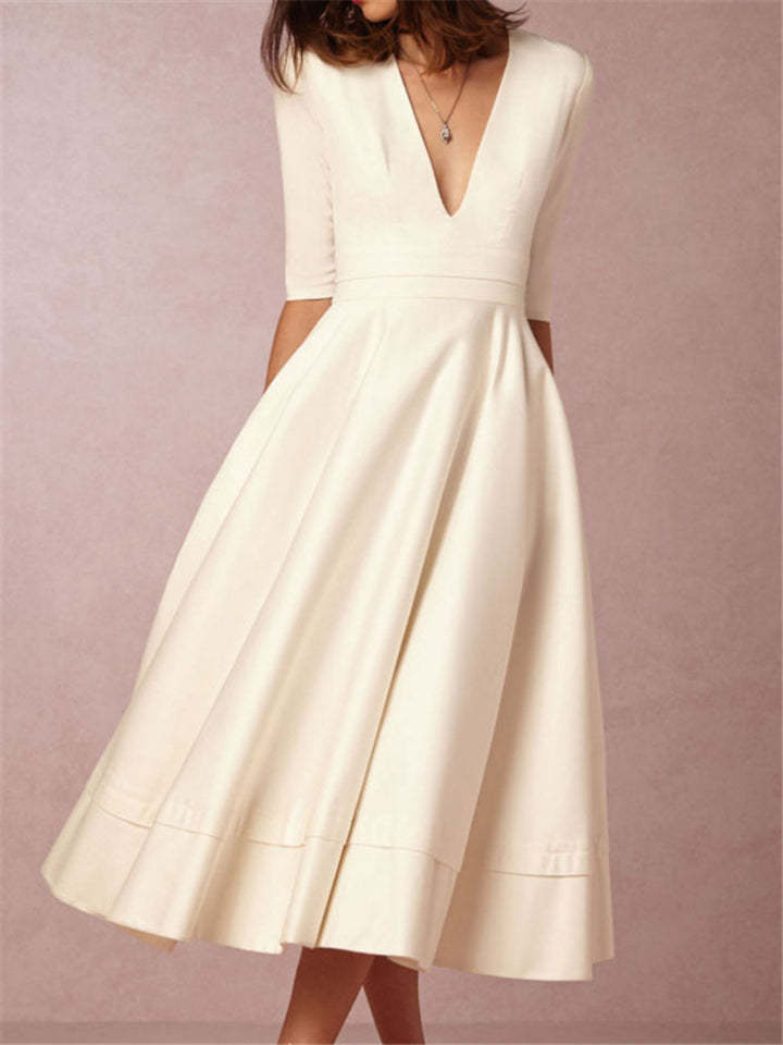 Ladies' Elegant Deep-V Neck Solid Color Half Sleeve Midi Dress