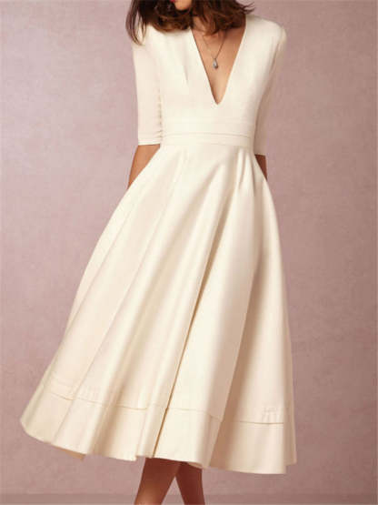 Ladies' Elegant Deep-V Neck Solid Color Half Sleeve Midi Dress