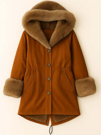 Women's Thicken Button Up Mid-Length Faux Fur Trim Hooded Coat