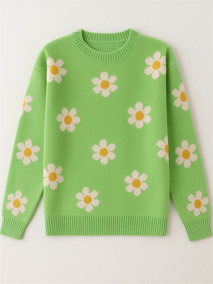 Women's Trendy Floral Printed Round Neck Puff Sleeve Sweaters