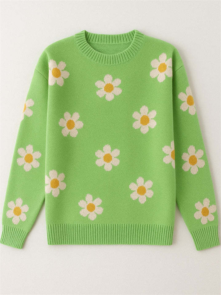 Women's Trendy Floral Printed Round Neck Puff Sleeve Sweaters