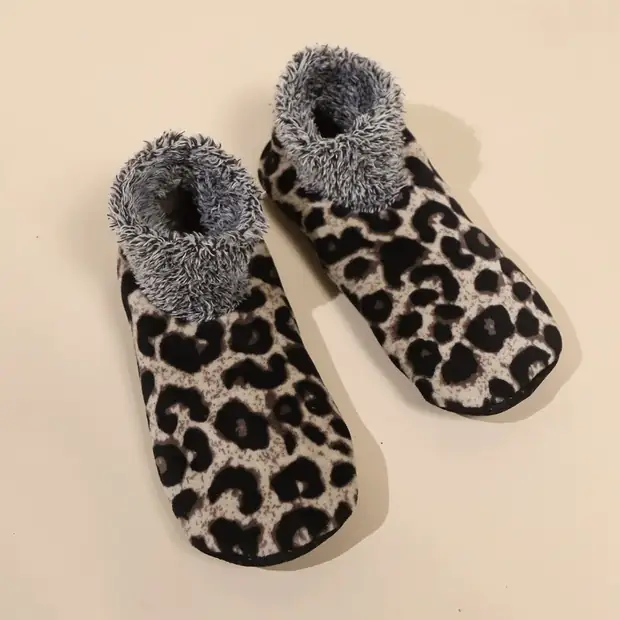 Black and cream leopard plush slipper socks