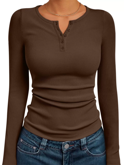 Solid Color Striped Buttons Pullover Slim-fit Long Sleeve Shirts for Women