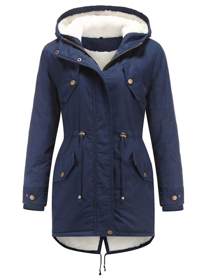 Autumn Fleeced Solid Color Zip Up Hooded Parka Coat