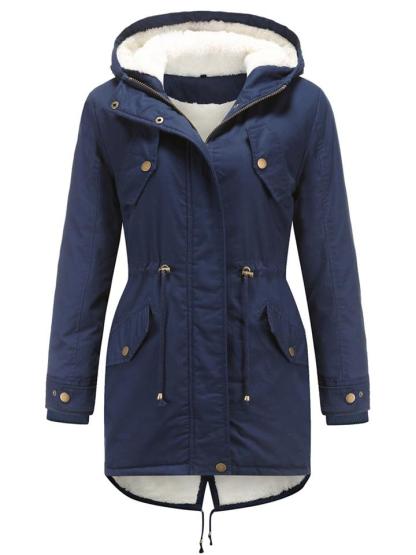 Autumn Fleeced Solid Color Zip Up Hooded Parka Coat