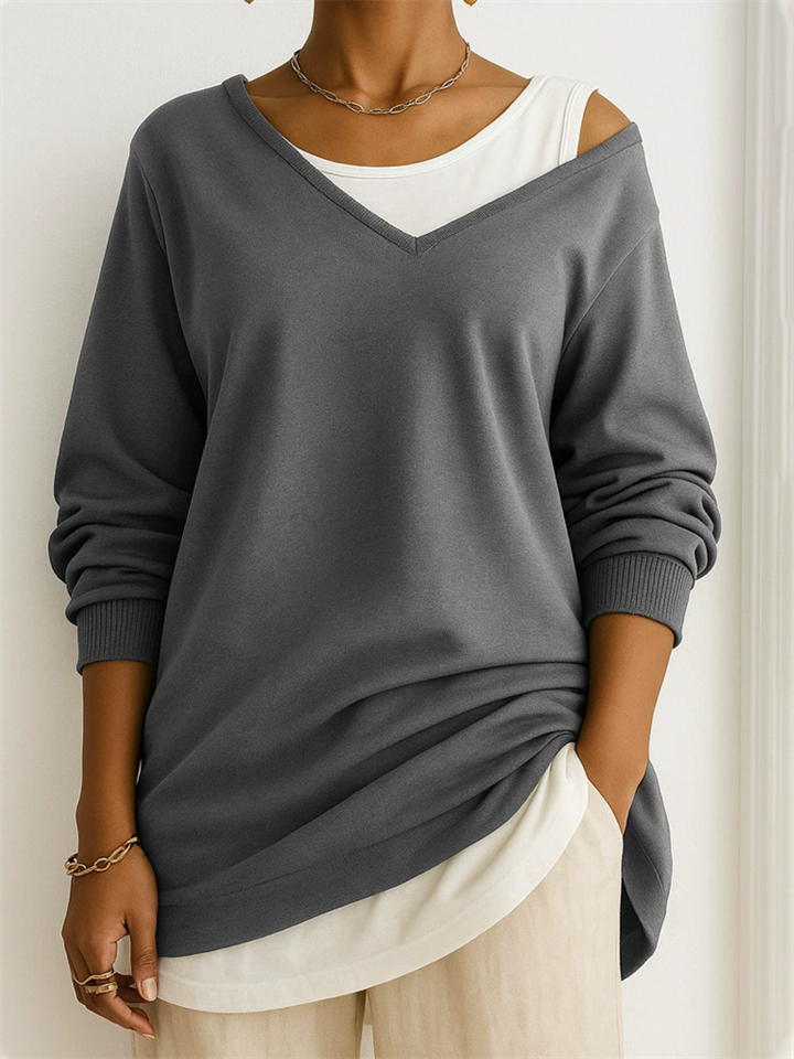 Casual Solid Color V-neck Long-sleeved Pullover Loose Sweatshirts for Women