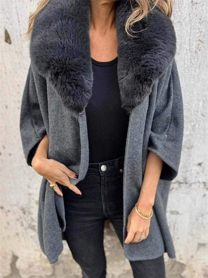 Ladies Autumn Solid Color Long-sleeved Faux Fur Collar Cloak Coats