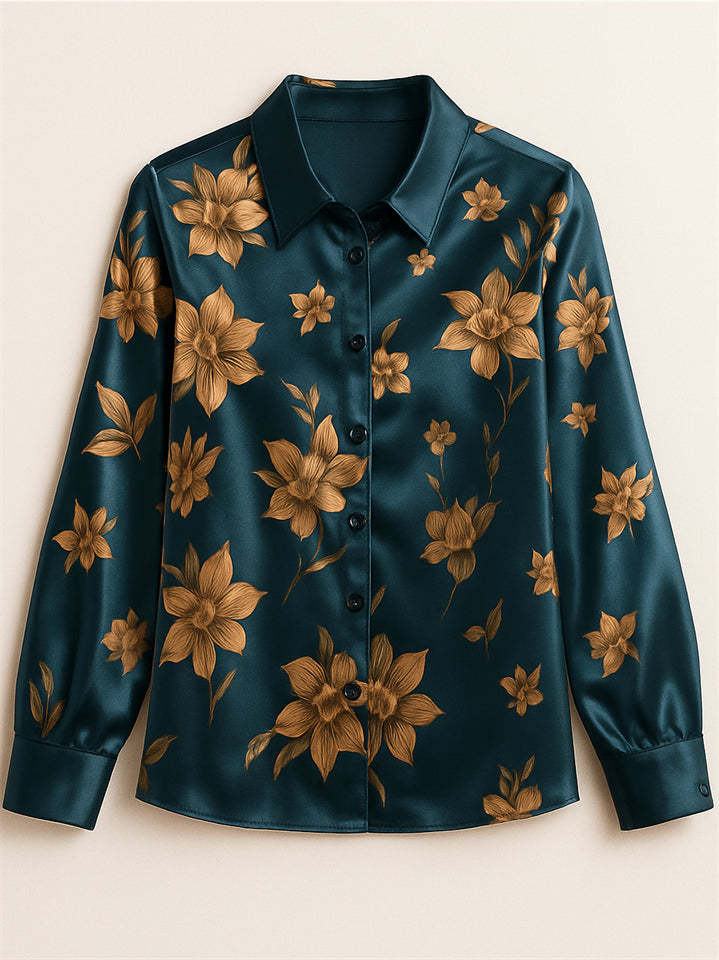 Elegant Golden Floral Printed Satin Slim Fit Long Sleeve Shirts