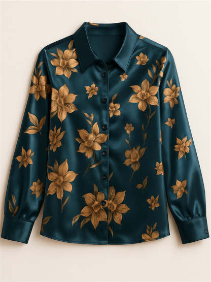Elegant Golden Floral Printed Satin Slim Fit Long Sleeve Shirts