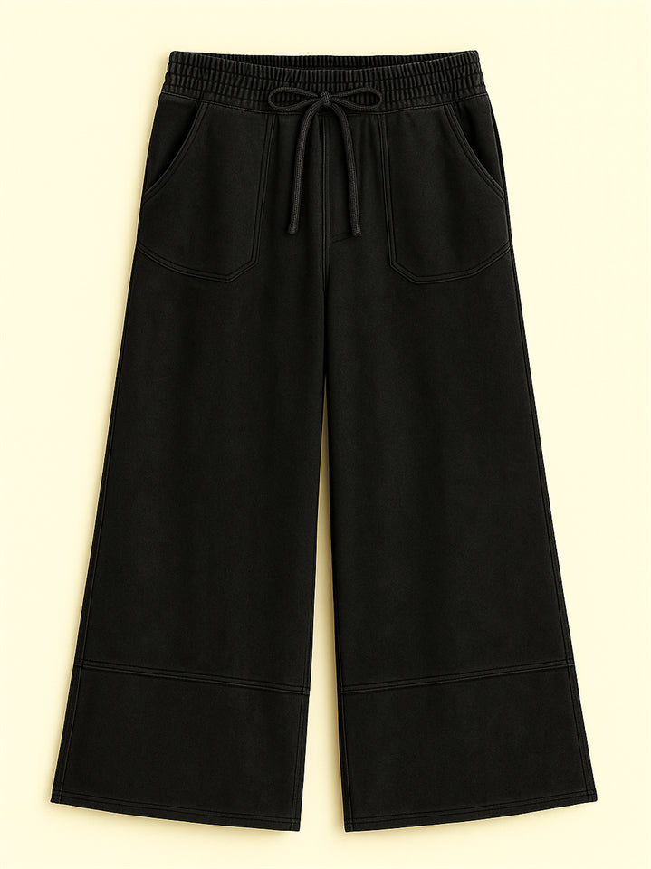 Women's Distressed Solid Color Pockets Elastic Waist Wide Leg Pants