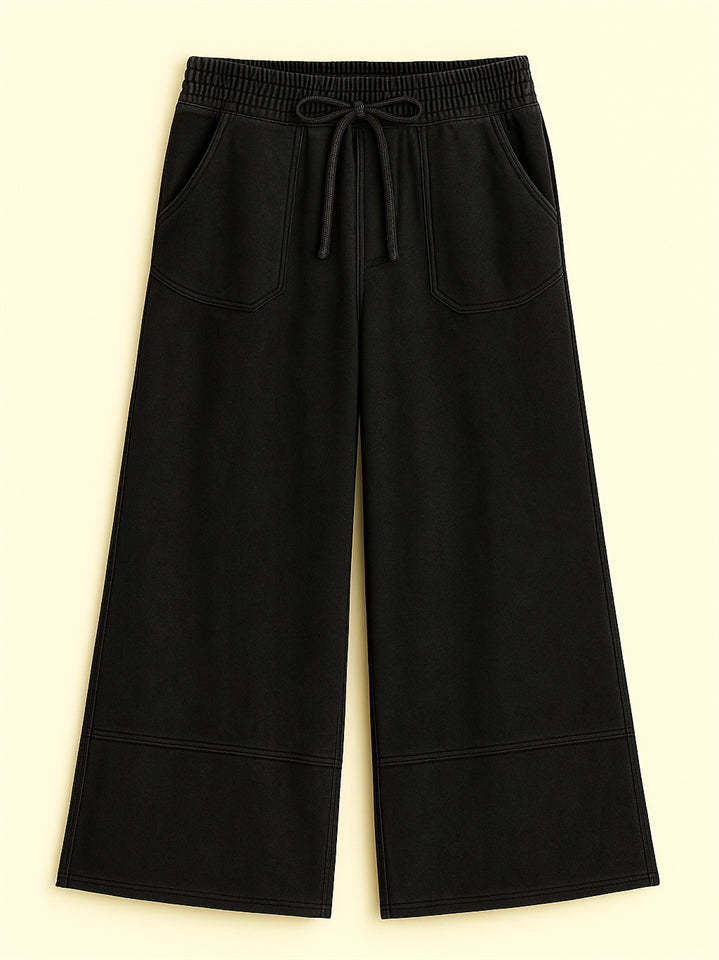 Women's Distressed Solid Color Pockets Elastic Waist Wide Leg Pants
