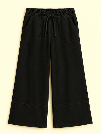 Women's Distressed Solid Color Pockets Elastic Waist Wide Leg Pants