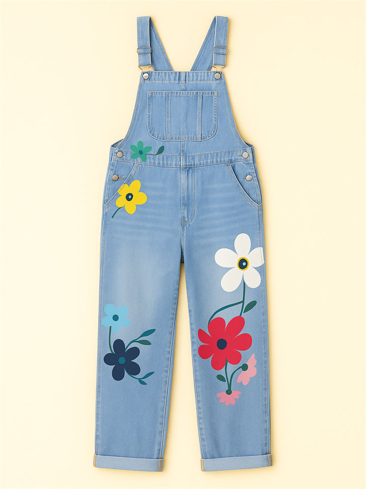 Women's Floral Print Denim Pockets Cargo Overall Jumpsuit