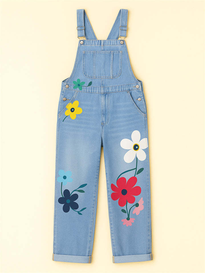 Women's Floral Print Denim Pockets Cargo Overall Jumpsuit
