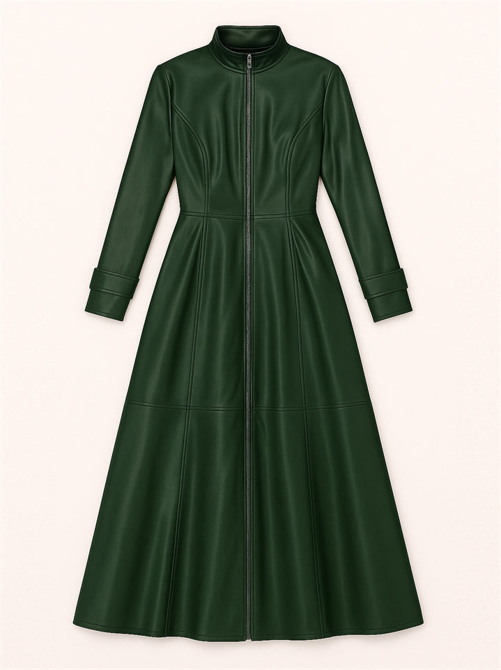 Women's Retro Solid Color Zip Up Stand Collar Slim Fit PU Leather Dress