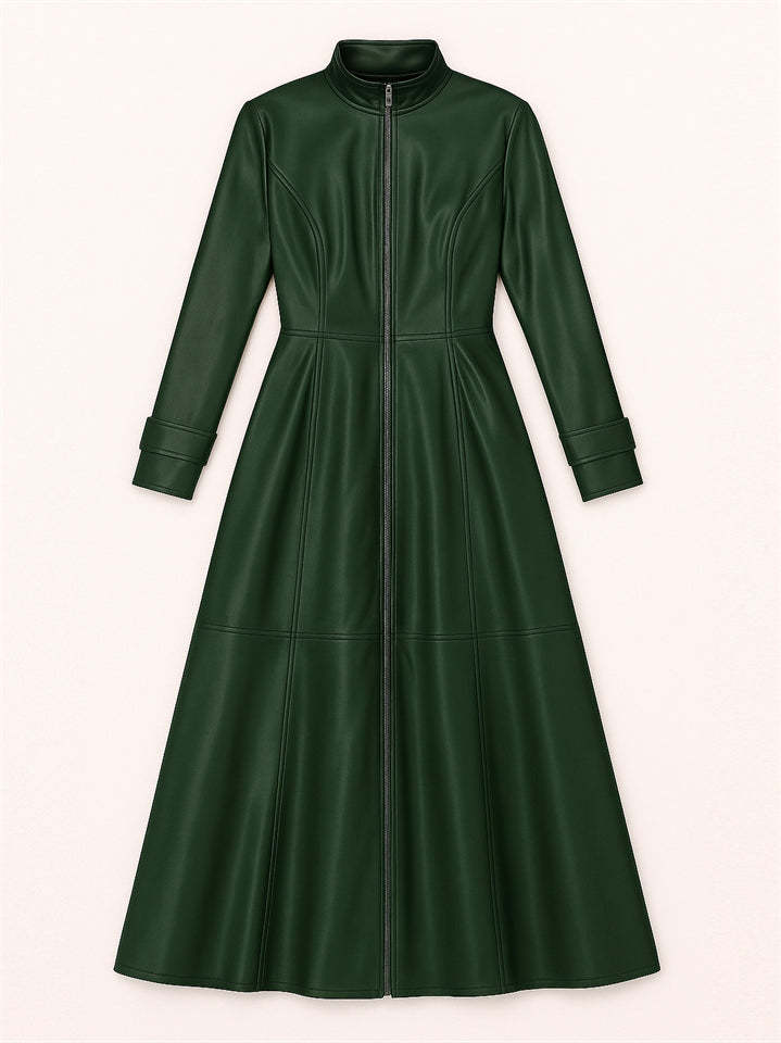 Women's Retro Solid Color Zip Up Stand Collar Slim Fit PU Leather Dress