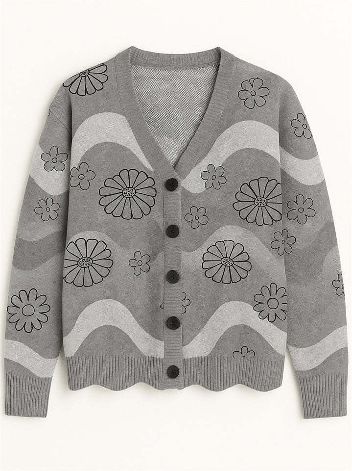 Casual Flowers Print Button Up Cardigan Sweaters for Women