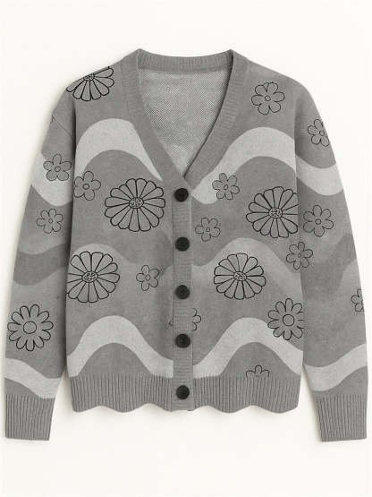 Casual Flowers Print Button Up Cardigan Sweaters for Women